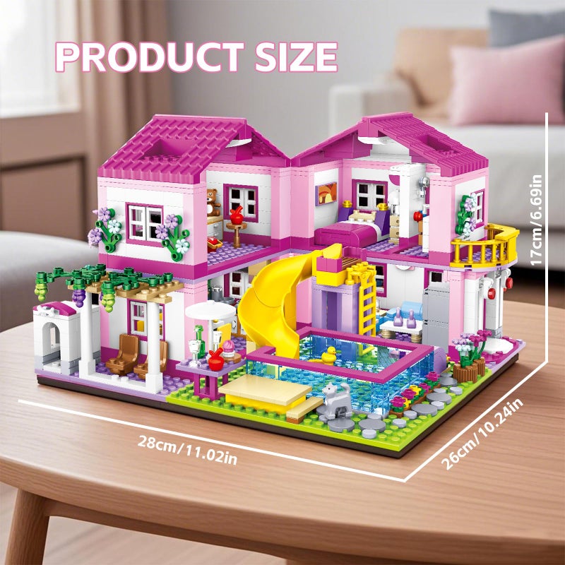 CSNRHG Pink Summer Pool Villa Building Block Set Friends Construction Educational Toy 1018 Pieces Gifts for Girls Teens Kids Adults Ages 6+ - Image 3