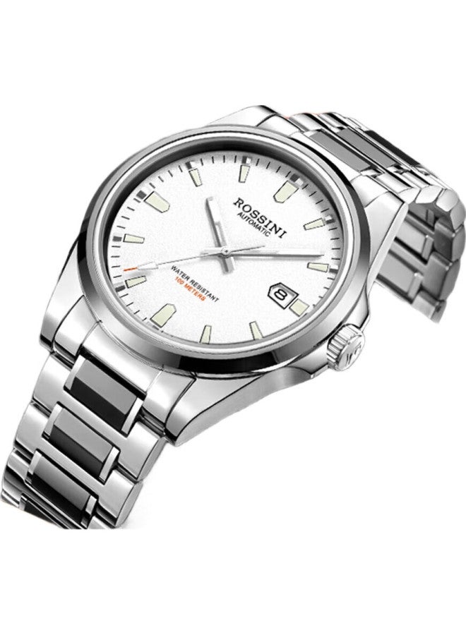 ROSSINI Men'S Mechanical Watch, Men'S Watch Birthday Gift, Luminous Waterproof White Dial Tungsten Steel Strap 5240209 - Image 2