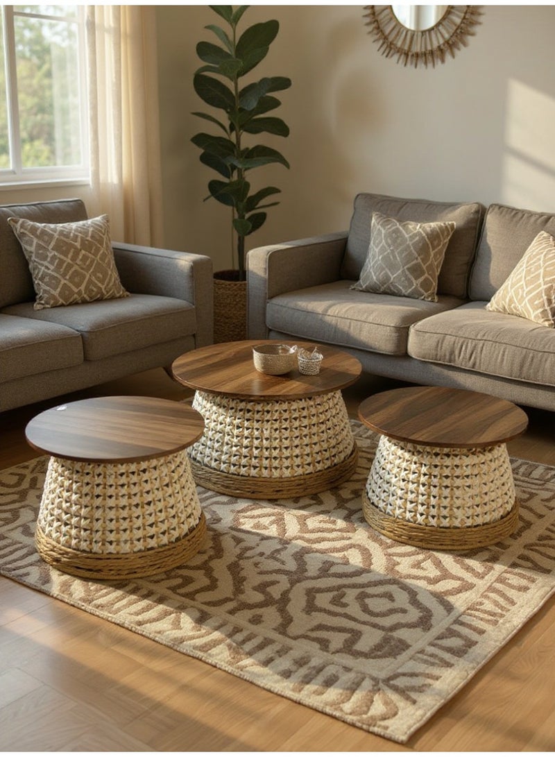 Living Set of 3 Round Wooden Tables with white Straw Base and Warm Brown Top - Image 1