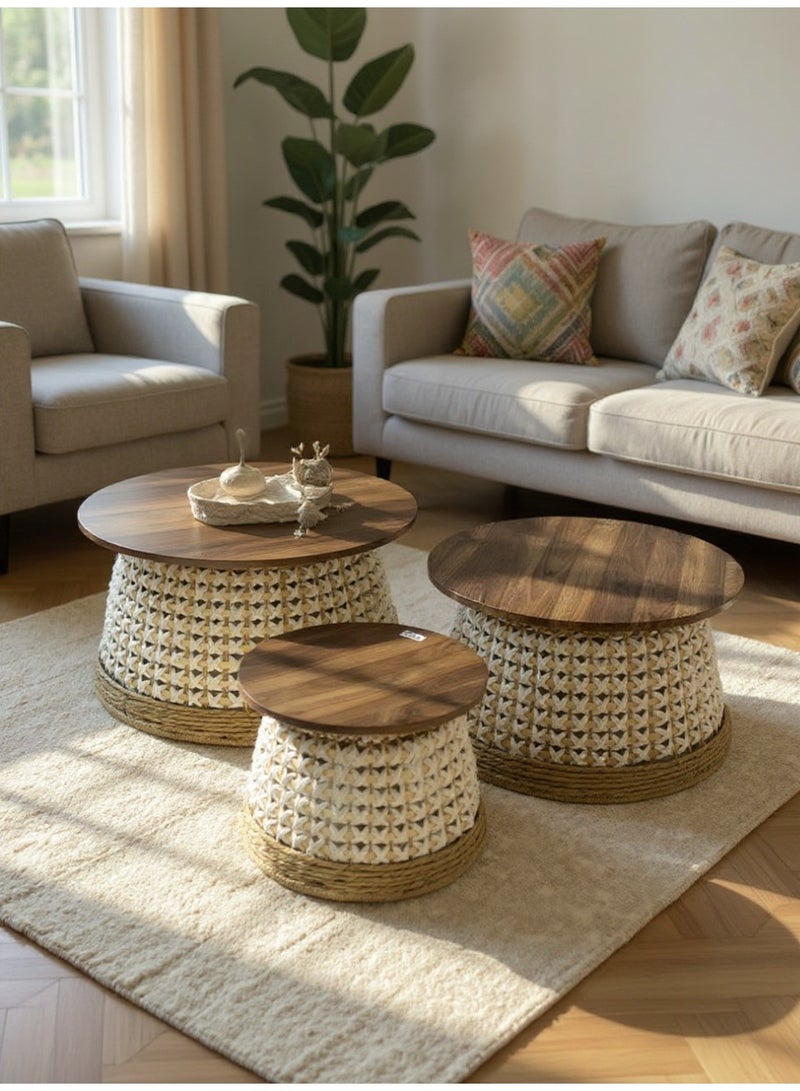 Living Set of 3 Round Wooden Tables with white Straw Base and Warm Brown Top - Image 2