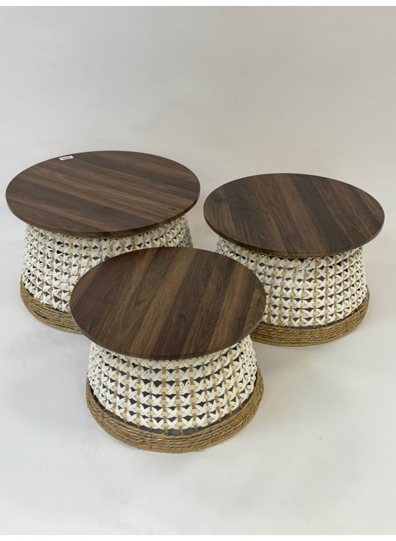 Living Set of 3 Round Wooden Tables with white Straw Base and Warm Brown Top - Image 3