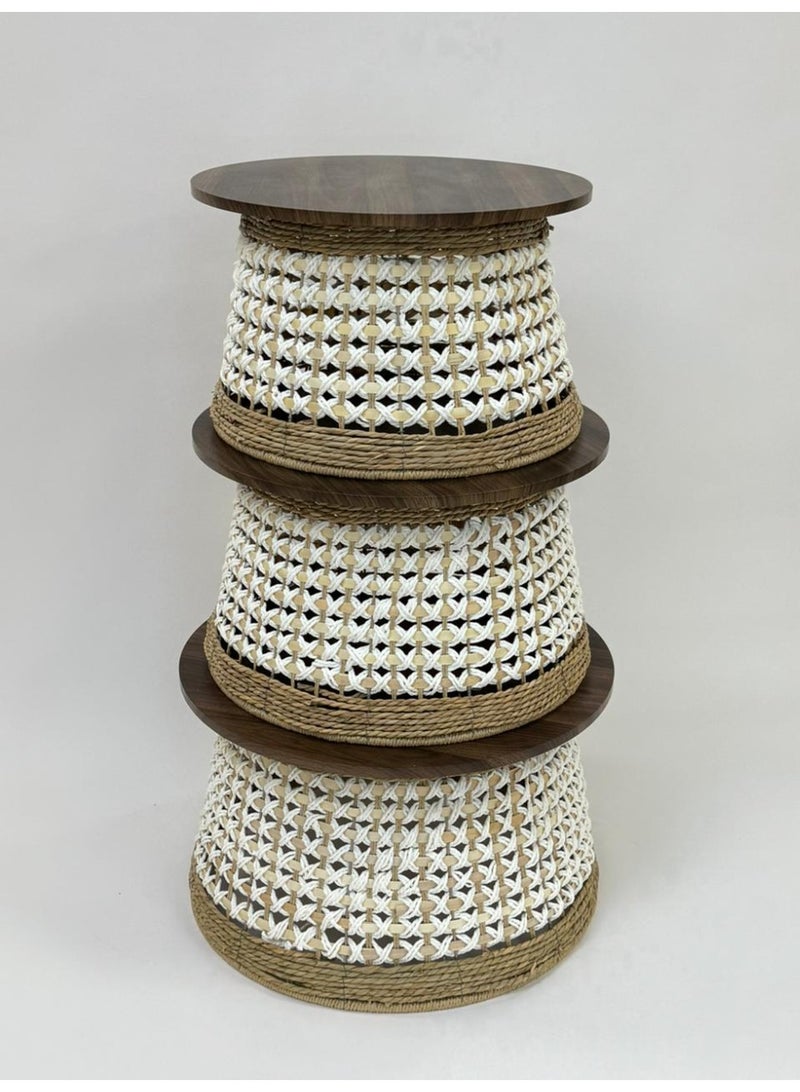 Living Set of 3 Round Wooden Tables with white Straw Base and Warm Brown Top - Image 4