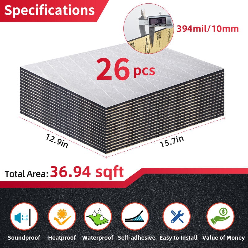 AggSound 394mil(10mm) 36.94sqft Car Heat Sound Deadening Mat - Automotive Heat Insulation Material Under Hood Engine Sound Dampening Foam for Auto Audio Deadener Foam, Door, Roof, Floor and Trunk - Image 2