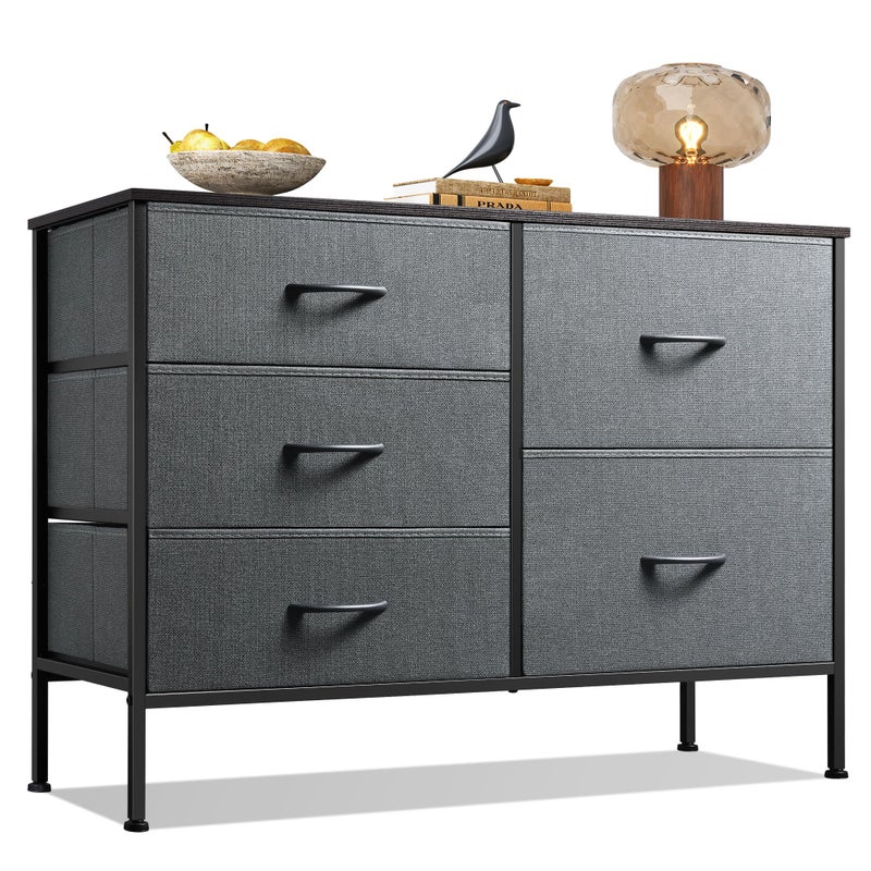WLIVE Dresser for Bedroom with 5 Drawers, Wide Storage Dresser with Drawer Organizers, Chest of Drawers, Fabric Dressers for Living Room, Closet, Hallway, Dark Grey - Image 1