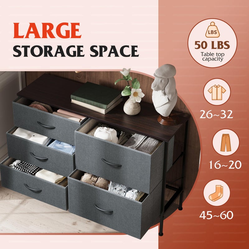 WLIVE Dresser for Bedroom with 5 Drawers, Wide Storage Dresser with Drawer Organizers, Chest of Drawers, Fabric Dressers for Living Room, Closet, Hallway, Dark Grey - Image 4
