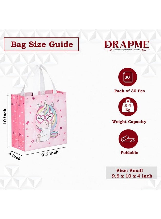 Drapme Small Size Pack of 30 Pcs Glossy Finish Unicorn Printed Non-Woven Reusable Eco-Friendly Party Return Carry Gift Bags (Pink) (Small 9.5x10x4 Inch) - Image 2