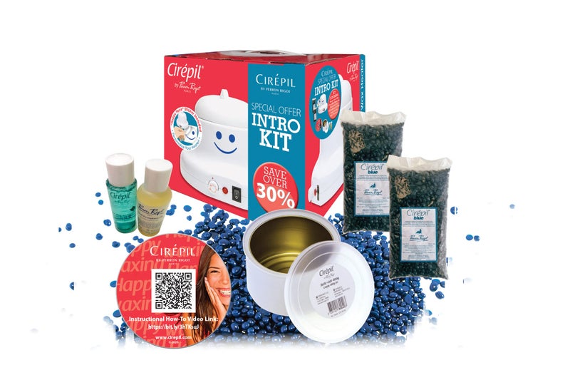 Cirepil  Waxing Kit  Introduction Waxing Kit  Heater Blue wax Beads Pre  Post products  an Empty Tin  The Best Temperature for your Cirepil Wax