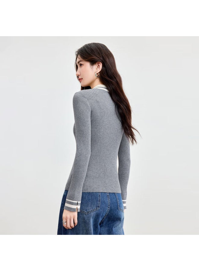 Sentubila Wool-blend College Style Knit Sweater Women Autumn Colorblock Striped Polo Collar Hollow Out Split Slim Top