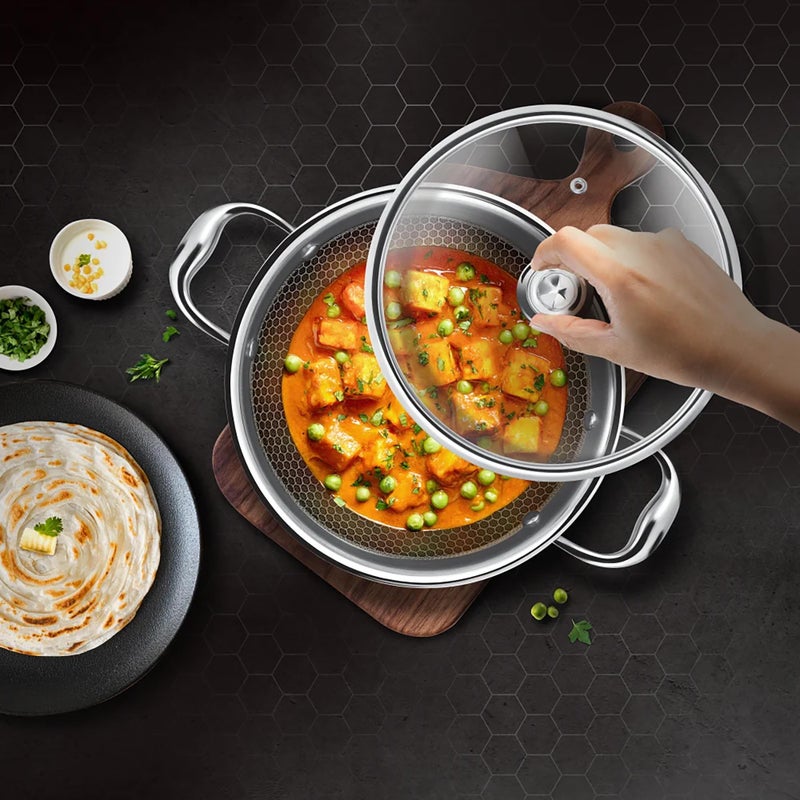 MILTON Pro cook MILTON Pro Cook Triply Hexa Tech Induction Stainless Steel Kadhai with Glass Lid,22 cm,Silver,3 Layer Kadhai for Cooking, Induction Bottom and Gas Stove Ready Cookware, Easy to Clean, 3 Years Warranty - Image 4