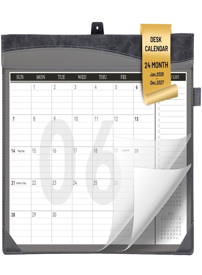 FLYING EAGLE 2026-2027 Leather Desk Calendar: 24-Month (Jan 2026-Dec 2027) Desktop Organizer with To-Do Lists, Pockets,PVC Cover & Pen Holder, 17" x 12" Desk Pad for Office, School, Home Use,Grey - Image 1