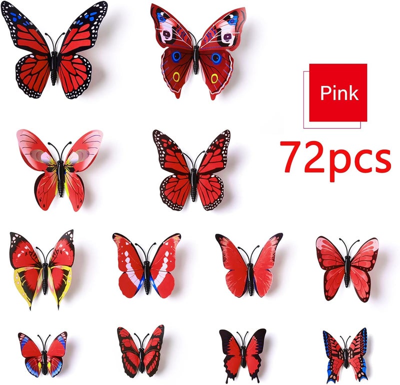 LiveGallery 72 PCS Removable 3D DIY Beautiful Butterfly Wall Decals Colorful Butterflies Art Decor Wall Stickers Murals for Home Nursery Bedroom Classroom Offices TV Background red - Image 4