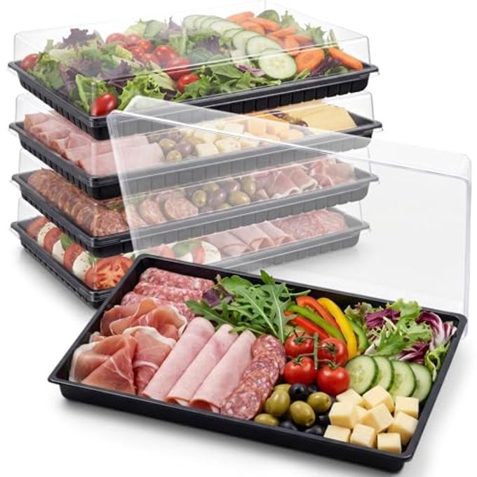 Shellwei 5 Pack Extra Large Charcuterie Board with Lids, 18 x 12 Inch Plastic Catering Trays for Cookies, Desserts, Candy, Reusable Serving Platters for Travel Party