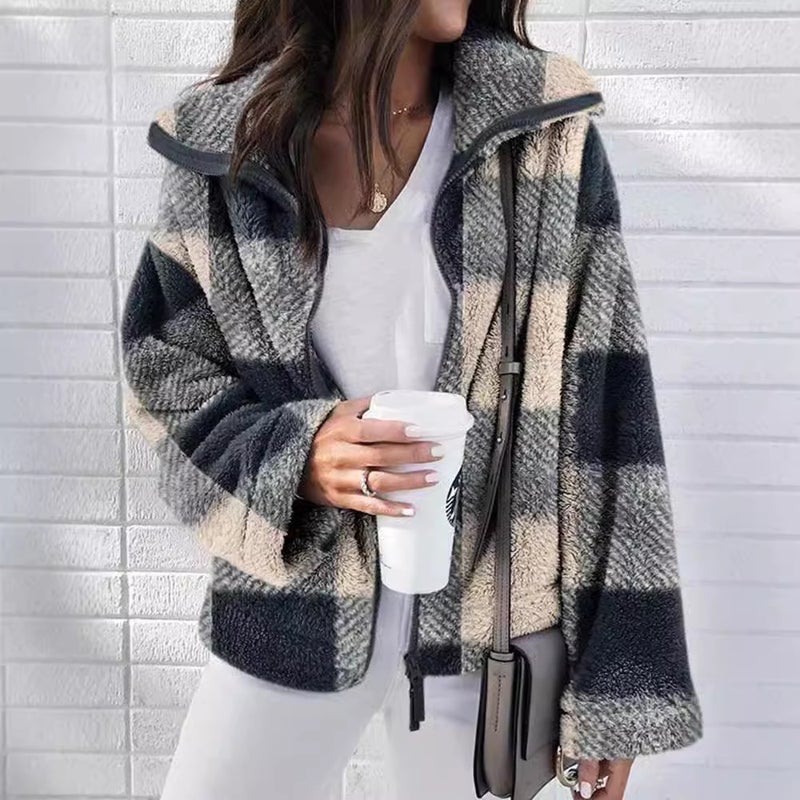 Double-Sided Plaid Fleece Coat Plus Size Women Jacket - Image 1
