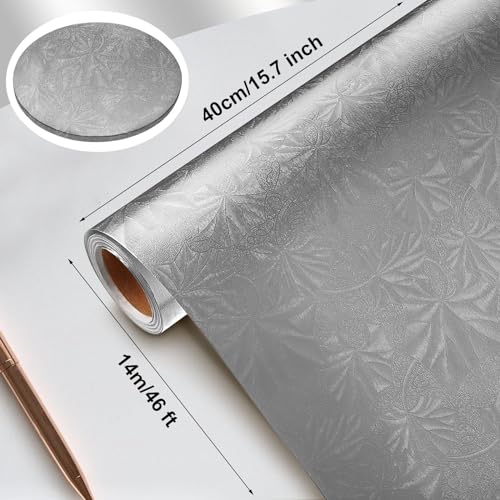 Jecery Embossed Floral Foil Paper Metallic Wrapping Paper Colored Foil Sheets for Crafts Scrapbook Florist Cake Board Cake Drums Christmas Party Gift Wrapping 157 Inch 46 ftSilver - Image 3