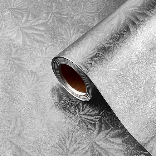 Jecery Embossed Floral Foil Paper Metallic Wrapping Paper Colored Foil Sheets for Crafts Scrapbook Florist Cake Board Cake Drums Christmas Party Gift Wrapping 157 Inch 46 ftSilver - Image 1