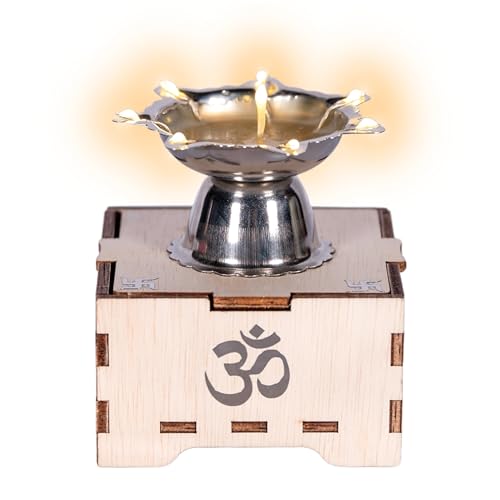 SolarBasket Akhand Solar Diya for Puja,Temple,Home Decoration 8 Bati(Vat) Battery Operated Light Steel Gifting Diva for Pooja,LED Wicks Jyoti Aarti Niranjan/Deepak (Pack of 1), Silver - Image 1