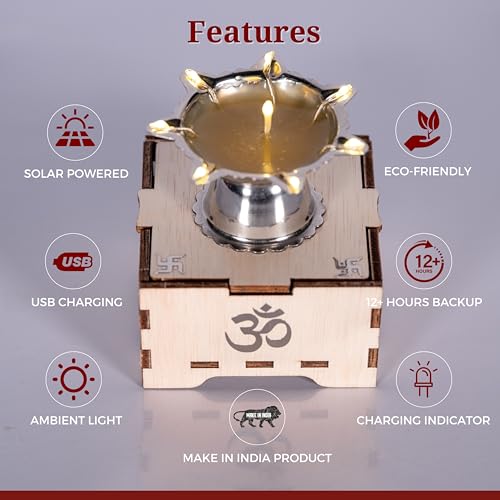 SolarBasket Akhand Solar Diya for Puja,Temple,Home Decoration 8 Bati(Vat) Battery Operated Light Steel Gifting Diva for Pooja,LED Wicks Jyoti Aarti Niranjan/Deepak (Pack of 1), Silver - Image 3