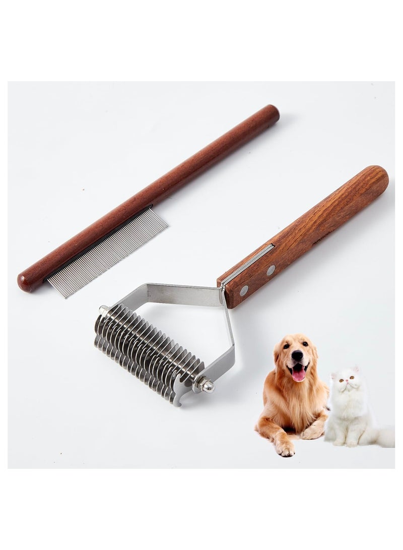 Dual Side Dematting Rake for Dogs and Cats 20 Blades Deshedding and Thinning Comb with Wooden Handle for Easy Grooming - Image 1