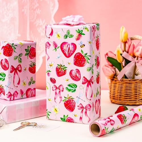 Yarcony Strawberry Wrapping Paper Roll, Cute Bow Gift Wrap, Strawberries, Floral, Butterfly & Plaid Design Pink Wrapping Paper for Girls Birthday, Baby Shower,Valentine's Day(Mini Roll, 17 InX 33 Ft) - Image 2