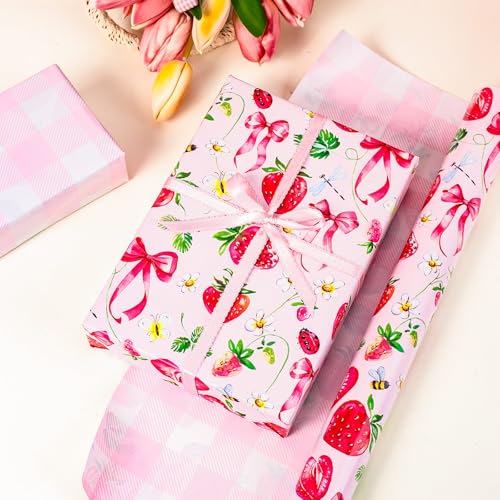 Yarcony Strawberry Wrapping Paper Roll, Cute Bow Gift Wrap, Strawberries, Floral, Butterfly & Plaid Design Pink Wrapping Paper for Girls Birthday, Baby Shower,Valentine's Day(Mini Roll, 17 InX 33 Ft) - Image 4
