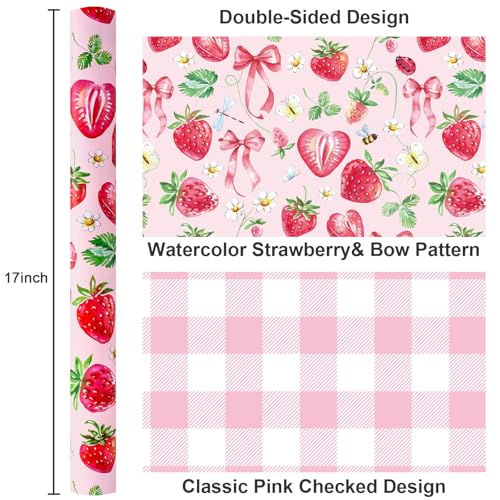 Yarcony Strawberry Wrapping Paper Roll, Cute Bow Gift Wrap, Strawberries, Floral, Butterfly & Plaid Design Pink Wrapping Paper for Girls Birthday, Baby Shower,Valentine's Day(Mini Roll, 17 InX 33 Ft) - Image 3