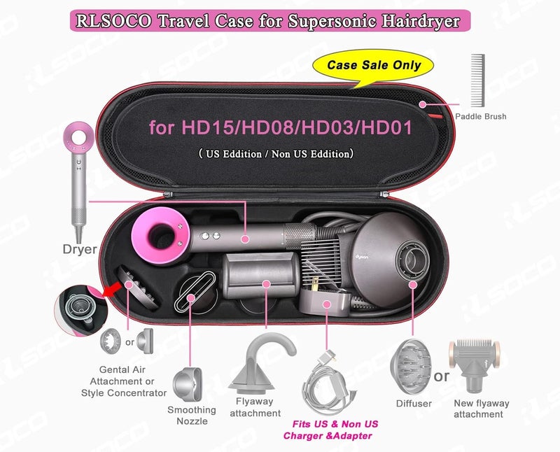 آر كيه باي كيس حقيبة صلبة لمجفف الشعر Dyson Supersonic Nural/Supersonic HD15 HD08 HD07 HD03 HD01، حقيبة تخزين سفر محمولة لمجفف الشعر Dyson Supersonic - تناسب جميع ملحقات Supersonic (أسود) - Image 2