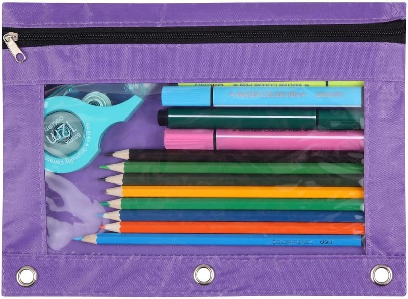 WODISON 3-Ring Pen Pencil Pouch with Clear Window Stationery Bag Binder Case Classroom Organizers Purple - Image 1