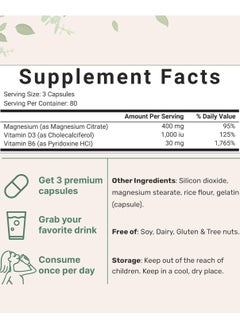 Micro Ingredients Magnesium Citrate, with Vitamin D3 & B6, 400mg - 240 Capsules  - Image 2