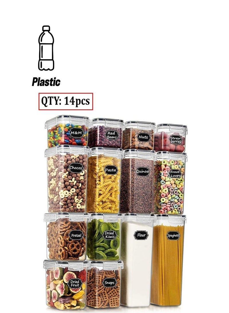 Pack of 14 Air Tight Lid Food Storage Container Space Saving Plastic Cereal Keeper Boxes - Image 1