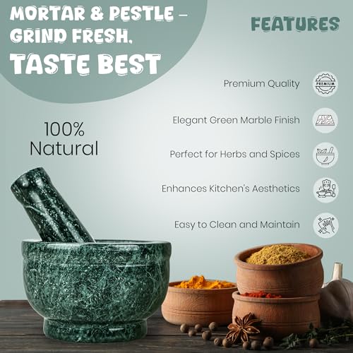 CERAMA WORLD Green Marble Mortar Pestle for Kitchen | Heavy Duty Set for Grinding Spices & Herbs (5 Inches) | Premium Okhli, Rolu Rokali, Adrak Kutne Wala, Imam Dasta, Kundi Sota, Hamam Dasta - Image 2