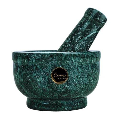 CERAMA WORLD Green Marble Mortar Pestle for Kitchen | Heavy Duty Set for Grinding Spices & Herbs (5 Inches) | Premium Okhli, Rolu Rokali, Adrak Kutne Wala, Imam Dasta, Kundi Sota, Hamam Dasta - Image 1