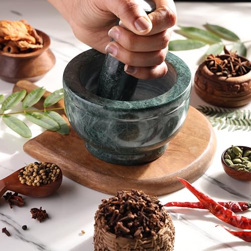 CERAMA WORLD Green Marble Mortar Pestle for Kitchen | Heavy Duty Set for Grinding Spices & Herbs (5 Inches) | Premium Okhli, Rolu Rokali, Adrak Kutne Wala, Imam Dasta, Kundi Sota, Hamam Dasta - Image 3