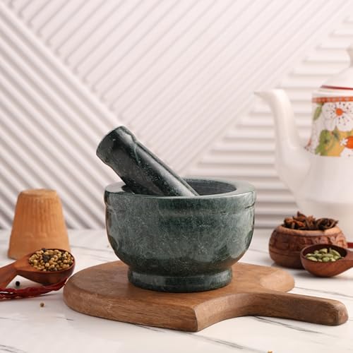 CERAMA WORLD Green Marble Mortar Pestle for Kitchen | Heavy Duty Set for Grinding Spices & Herbs (5 Inches) | Premium Okhli, Rolu Rokali, Adrak Kutne Wala, Imam Dasta, Kundi Sota, Hamam Dasta - Image 4