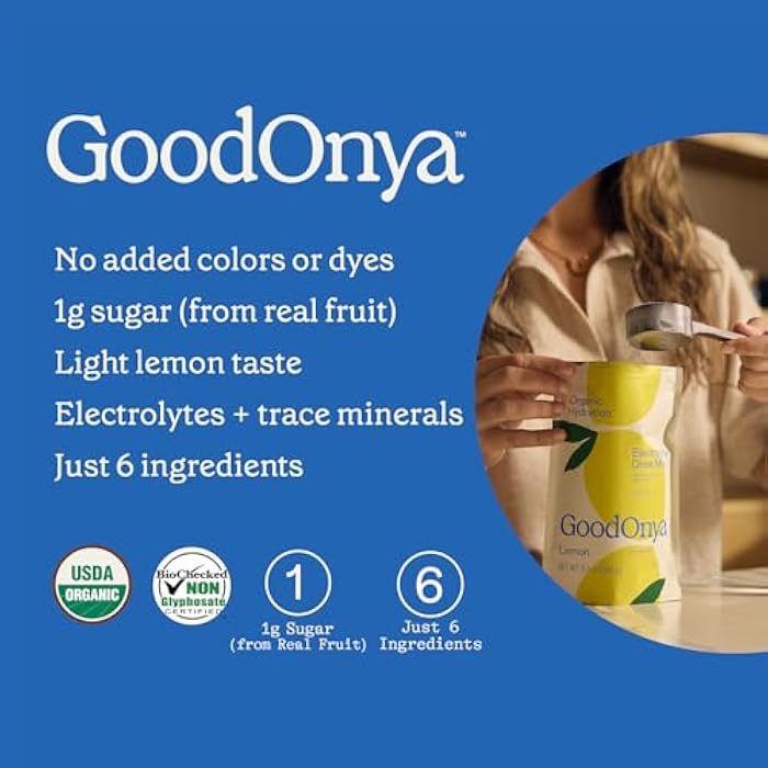 GOODONYA Organic Hydration Electrolyte Drink Mix, Certified Organic Hydration Powder, Non-GMO, Biochecked Glyphosate Free, Low Sugar, Lemonade Flavor, No Artificial Flavors, 20 Servings - Image 4