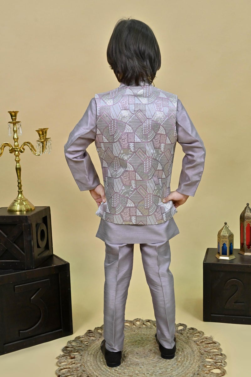 AHHAAAA Jacquard Printed Kids Ethnic Zari Work Indo-Western Kurta, Payjama And Waistcoat|3-Piece Set With Maala For Boys |Lavender 3-4 Years| - Image 3