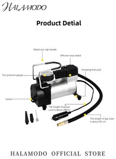 HALAMODO Portable Tire Inflator Heavy Duty Auto Tyre Air Compressor Inflator Pump High Pressure Metal Pump Pressure Gauge Car Accessories Universal for Car & Motorcycle Tires（12V 100PSI  - Image 3