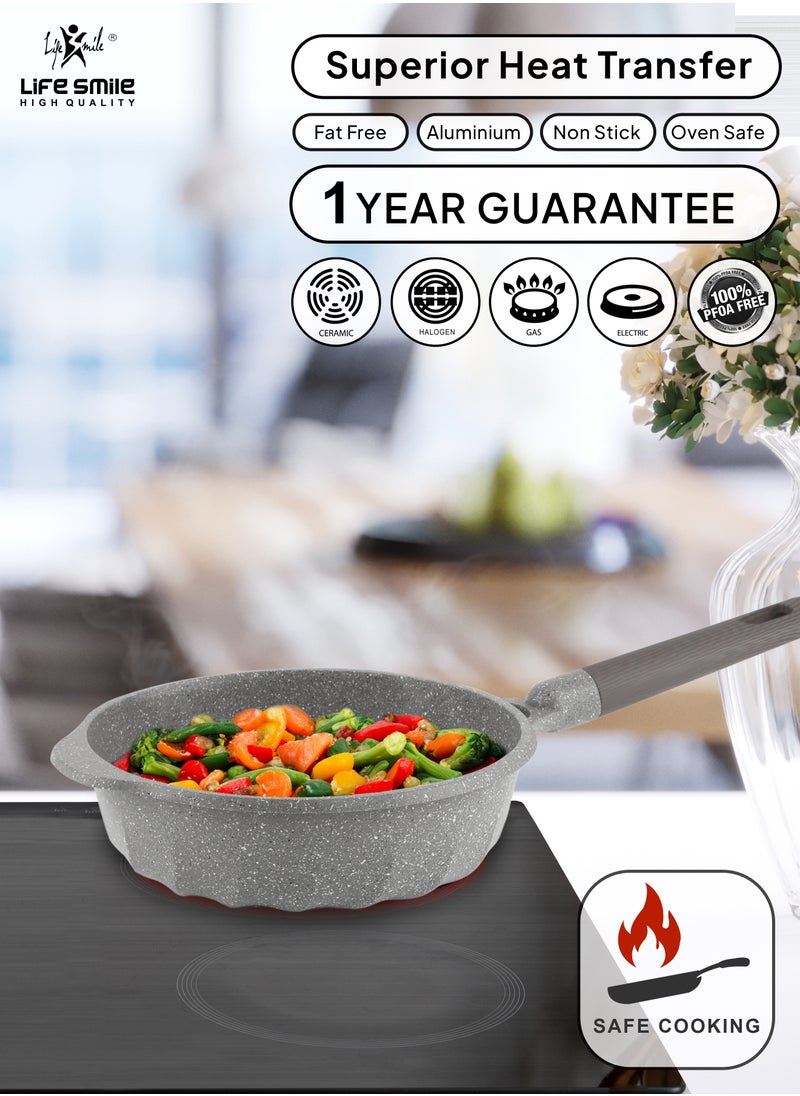 Life Smile - (28CM) Deep Frying Pan With Lid - Multi Layer Non Stick Granite Coating | Multiple Hob Compatibility | Heat-Resistant Handle Hanging Loop | Induction bottom (4.2L) - Image 1