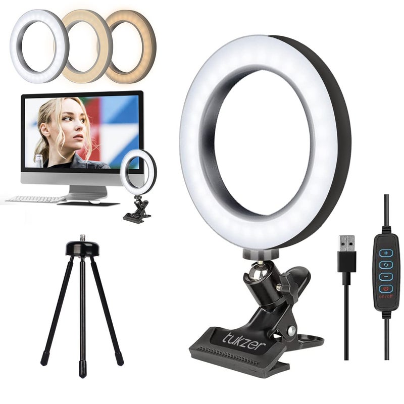 tuKZer 8-Inch LED USB Selfie Ring Light with Clamp Mount, 3 Light Modes & 10 Level Brightness, for Laptop/PC/Monitor/Desk/Bed/Office/Video Conferencing/Live Streaming/Makeup/Webcam/Classes - Image 1