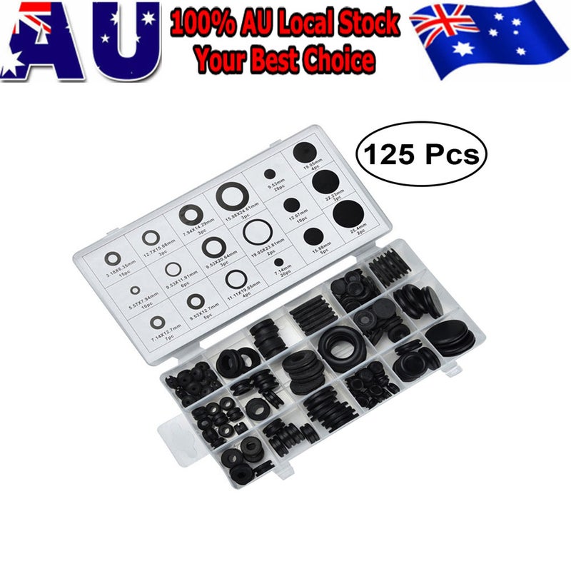 125 Pcs Rubber Grommet Assortment Kit Electrical Gasket for Wire Plug and Cable (Black) - Image 3