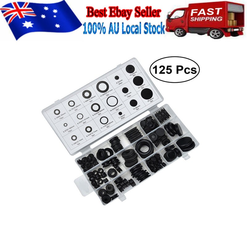 125 Pcs Rubber Grommet Assortment Kit Electrical Gasket for Wire Plug and Cable (Black) - Image 2