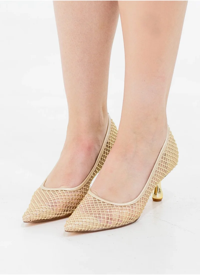 LAMARAPARIS Tahira low heel netted diamnte shoe with diamante gold