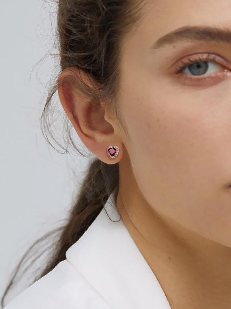 KeyStyle Ruby Birthstone Earrings for Women,Heart Stud Earrings with 925 Sterling Silver Posts & Push Backs,Small Dainty Cubic Zirconia Stud Earrings 5mm,Gold Birthday Jewelry - Image 2