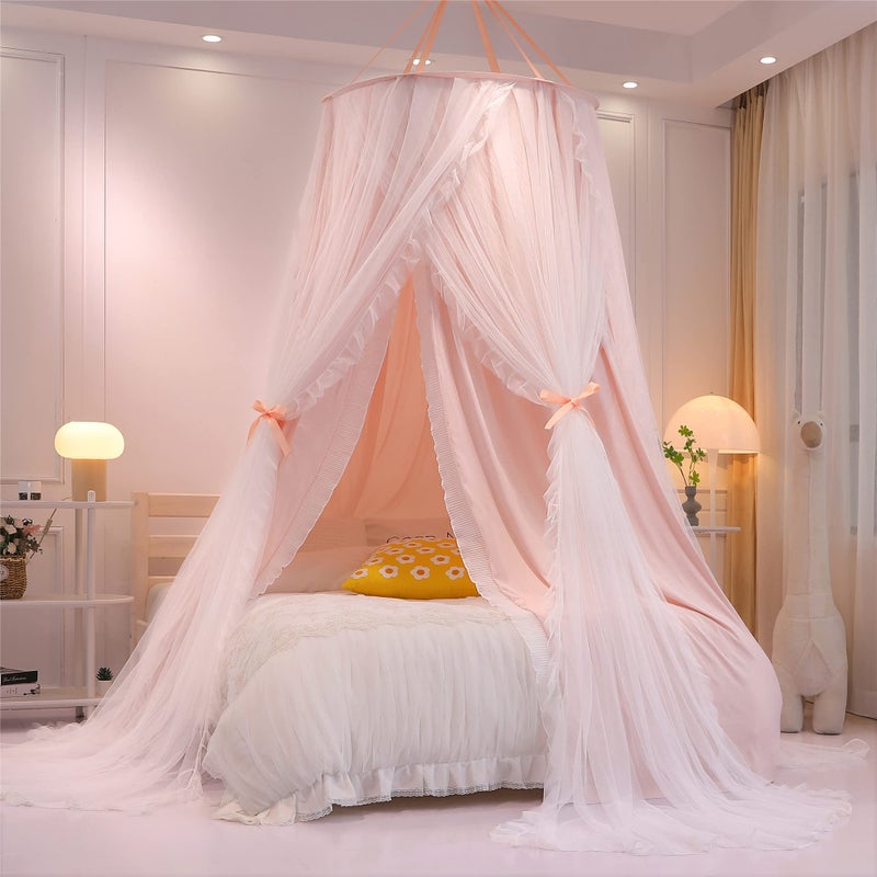 VETHIN Double Layer Princess Round Dome Canopy Bed Curtain for Girls Adults,Children Dreamy Mosquito Net,Cute Bedroom Decoration Castle Play Tent Reading Nook Canopies(Dome-Pink/White) - Image 2