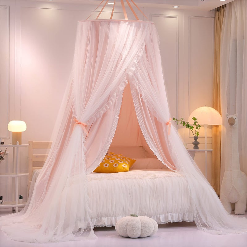 VETHIN Double Layer Princess Round Dome Canopy Bed Curtain for Girls Adults,Children Dreamy Mosquito Net,Cute Bedroom Decoration Castle Play Tent Reading Nook Canopies(Dome-Pink/White) - Image 1
