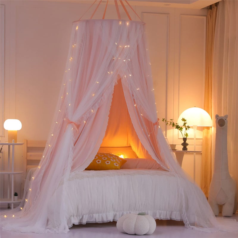 VETHIN Double Layer Princess Round Dome Canopy Bed Curtain for Girls Adults,Children Dreamy Mosquito Net,Cute Bedroom Decoration Castle Play Tent Reading Nook Canopies(Dome-Pink/White) - Image 4
