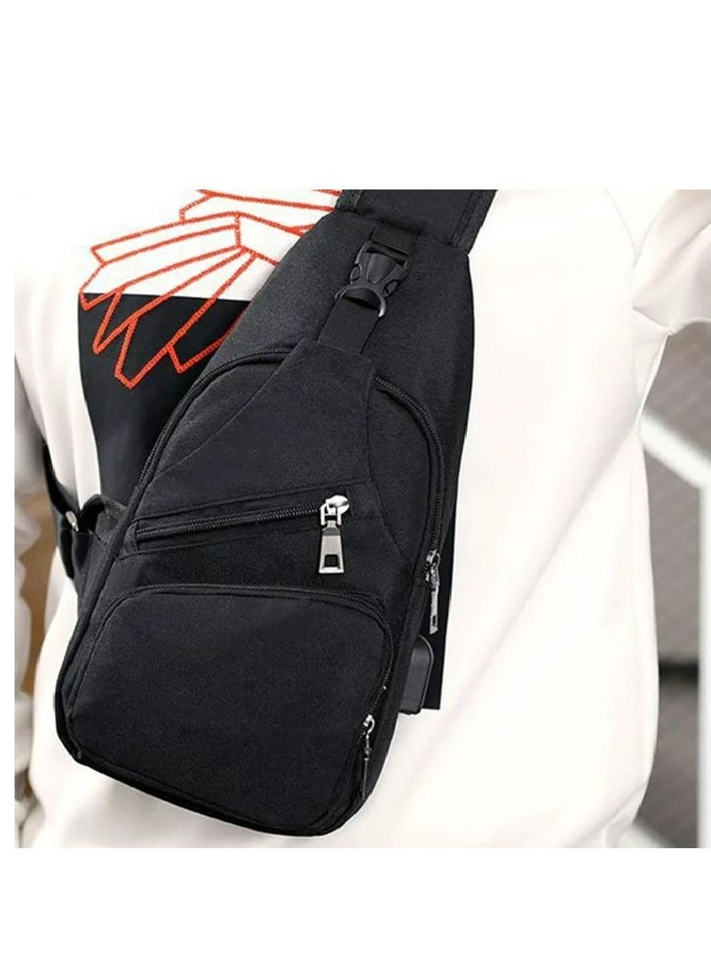 Casual Men Outdoor Crossbody Shoulder Chest Pouch Sling Bag with USB Charge Port,Black  - Image 2