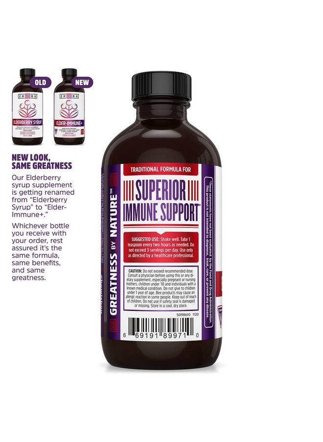 Zhou Nutrition - Elderberry Syrup Immune System Booster With Organic Elderberry Syrup Raw Honey Apple Cider Vinegar 8 Fl Oz - Image 1