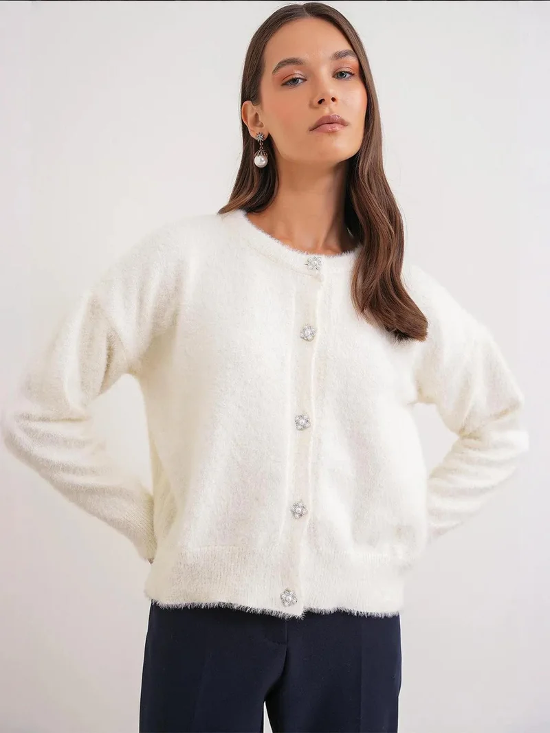 Mixray Ivory Natural Mixray Oversized Jacquard Button Cardigan for Women | Best Price UAE
