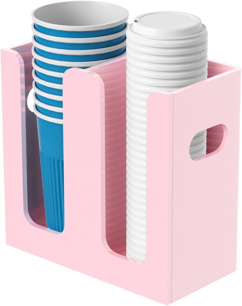 WINFFOR Disposable Cup Organizer Dispenser - 2 Compartments Lightpink Acrylic Cup and Lid Holder with Handles Plastic Cup Dispenser Countertop Paper Cup Holder for Coffee Bar House Party Essentials - Image 1