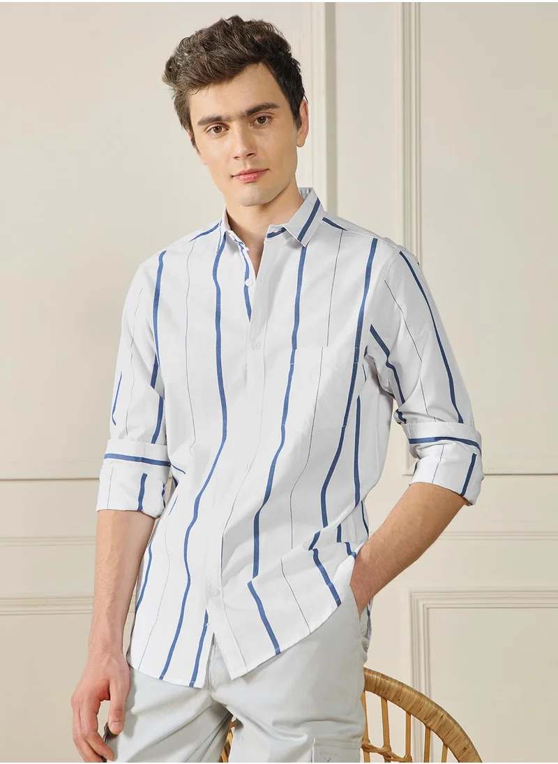 دينيس لينغو Regular Fit White Shirt for Men - 40x40 Yd Striped Fabric, Spread Collar, Full Sleeves, Casual Look